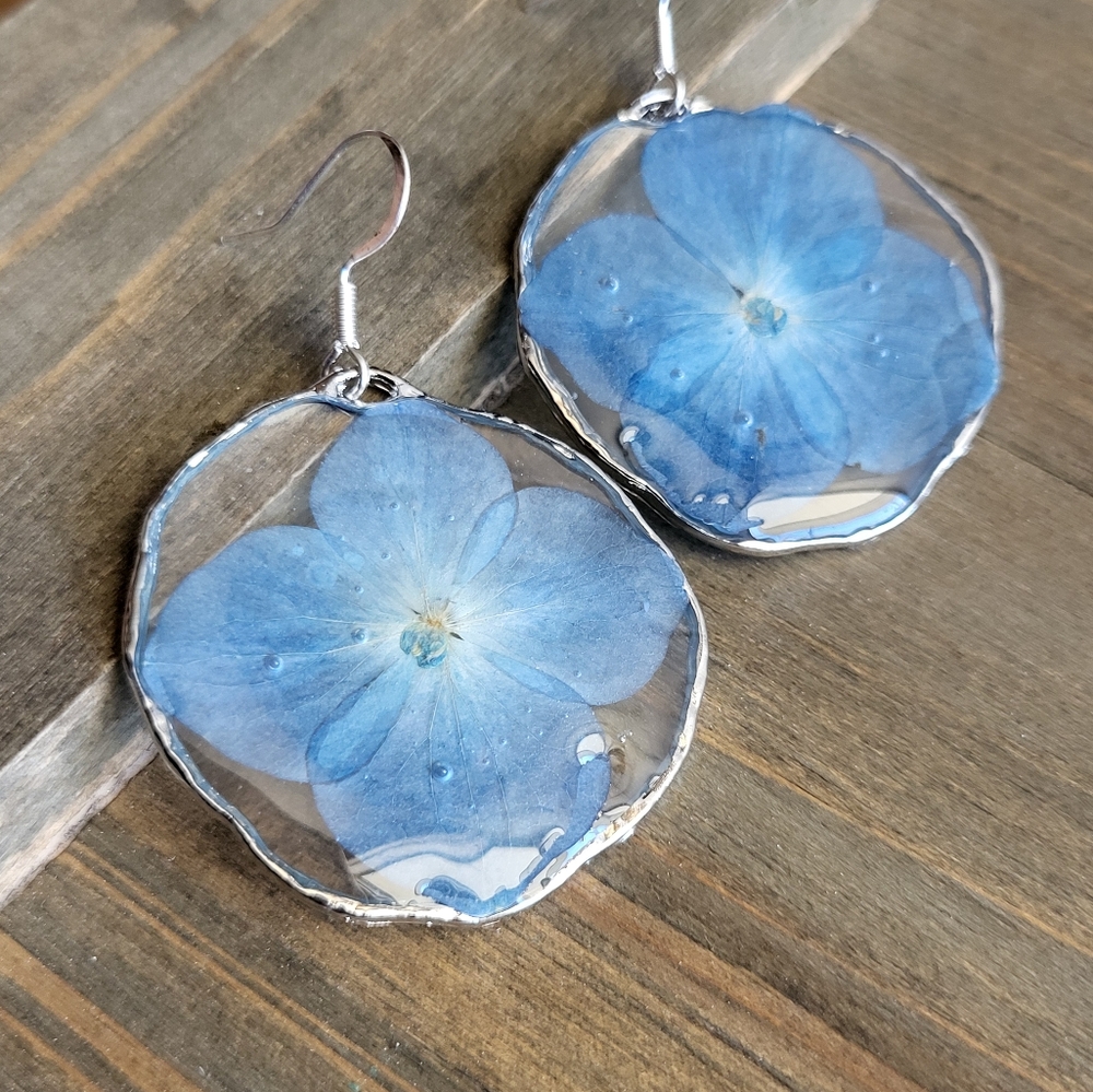 Blue Hydrangea Flower Earrings- Handmade Earrings- Blue Flower Earrings- Flower - Picture 2 of 7